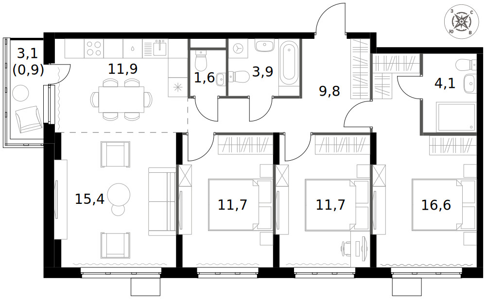 1-й Донской — 4-комнатная · 87,6 м²