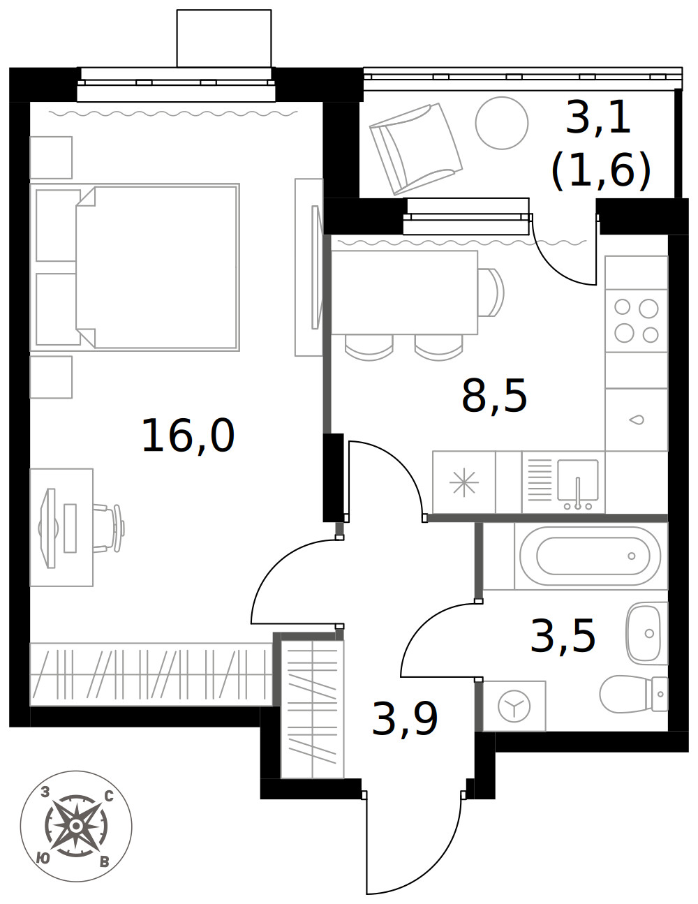 1-й Донской — 1-комнатная · 33,5 м²