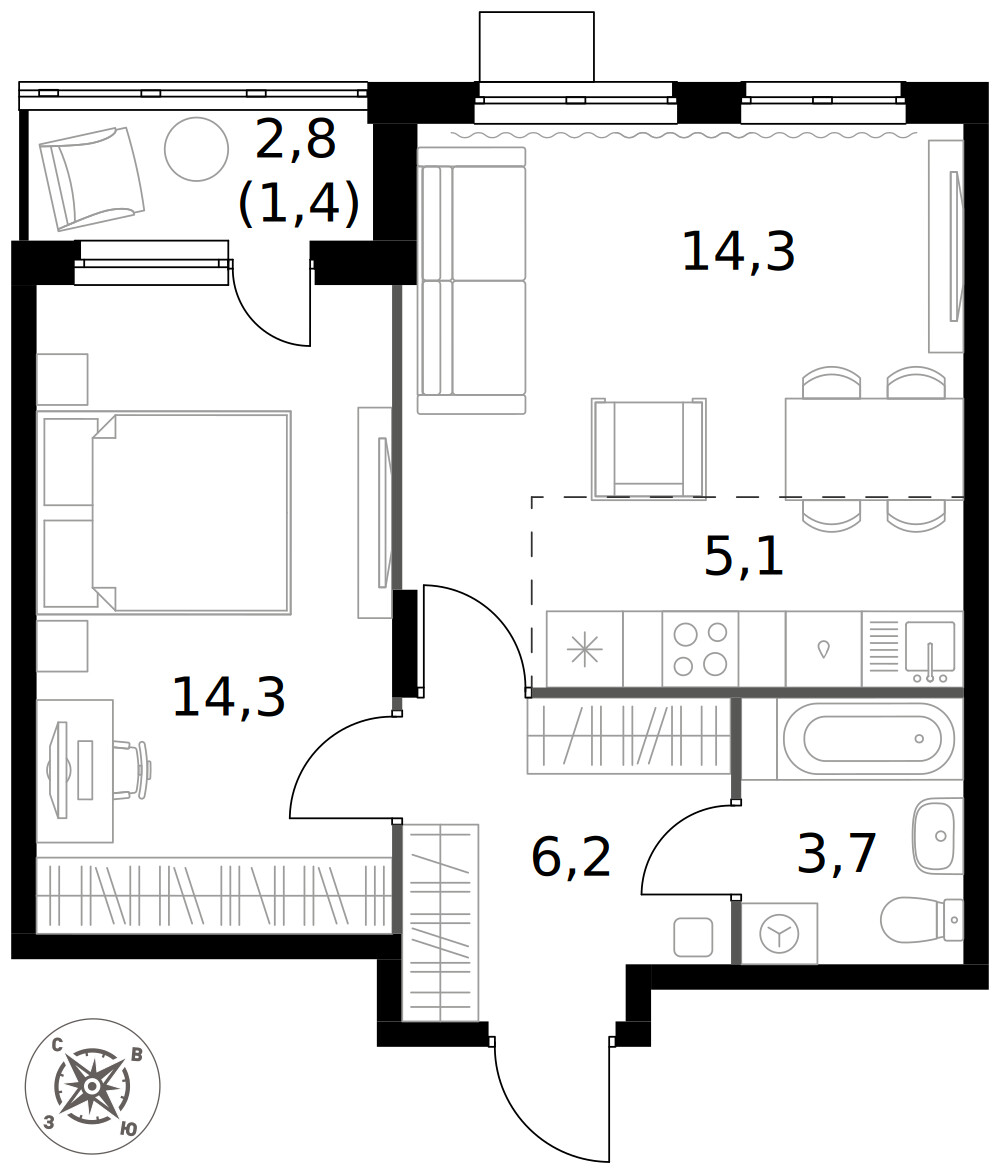 1-й Донской — 2-комнатная · 45,0 м²