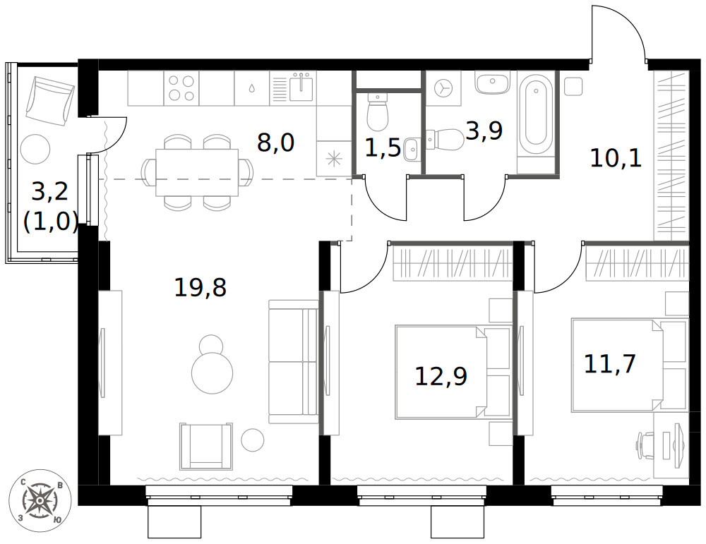 1-й Донской — 3-комнатная · 68,9 м²