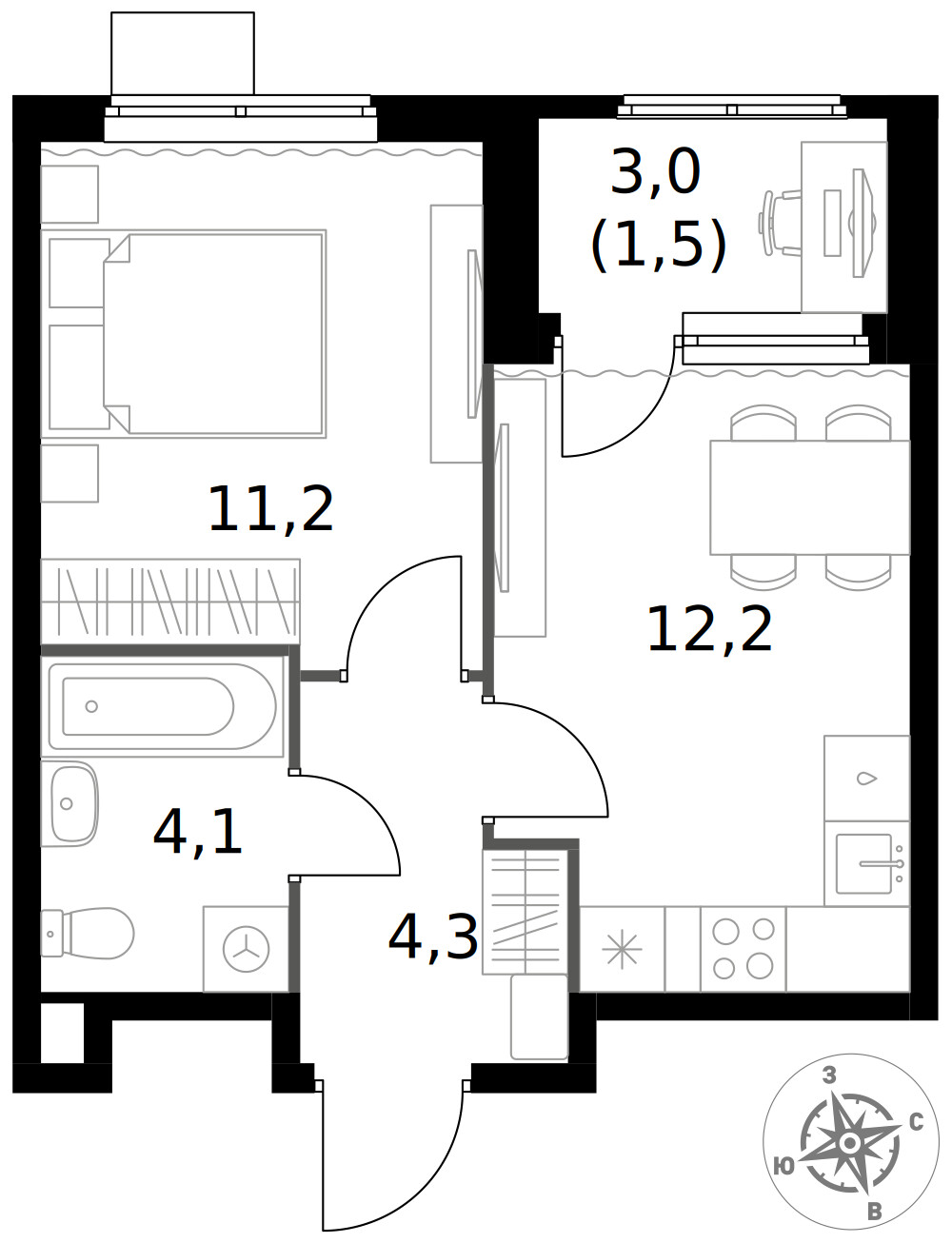 1-й Химкинский — 1-комнатная · 33,3 м²