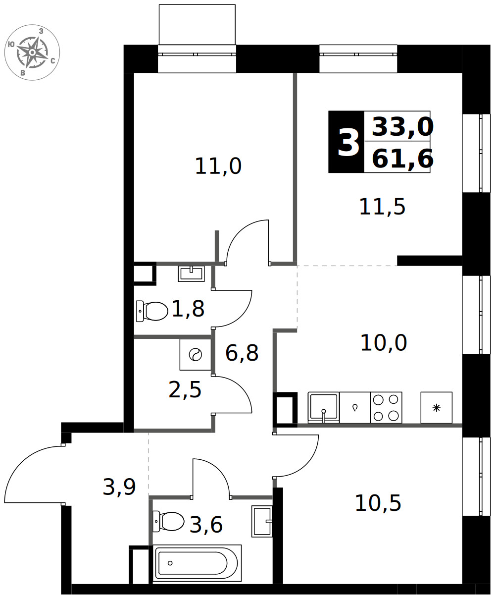 1-й Измайловский — 3-комнатная · 61,6 м²