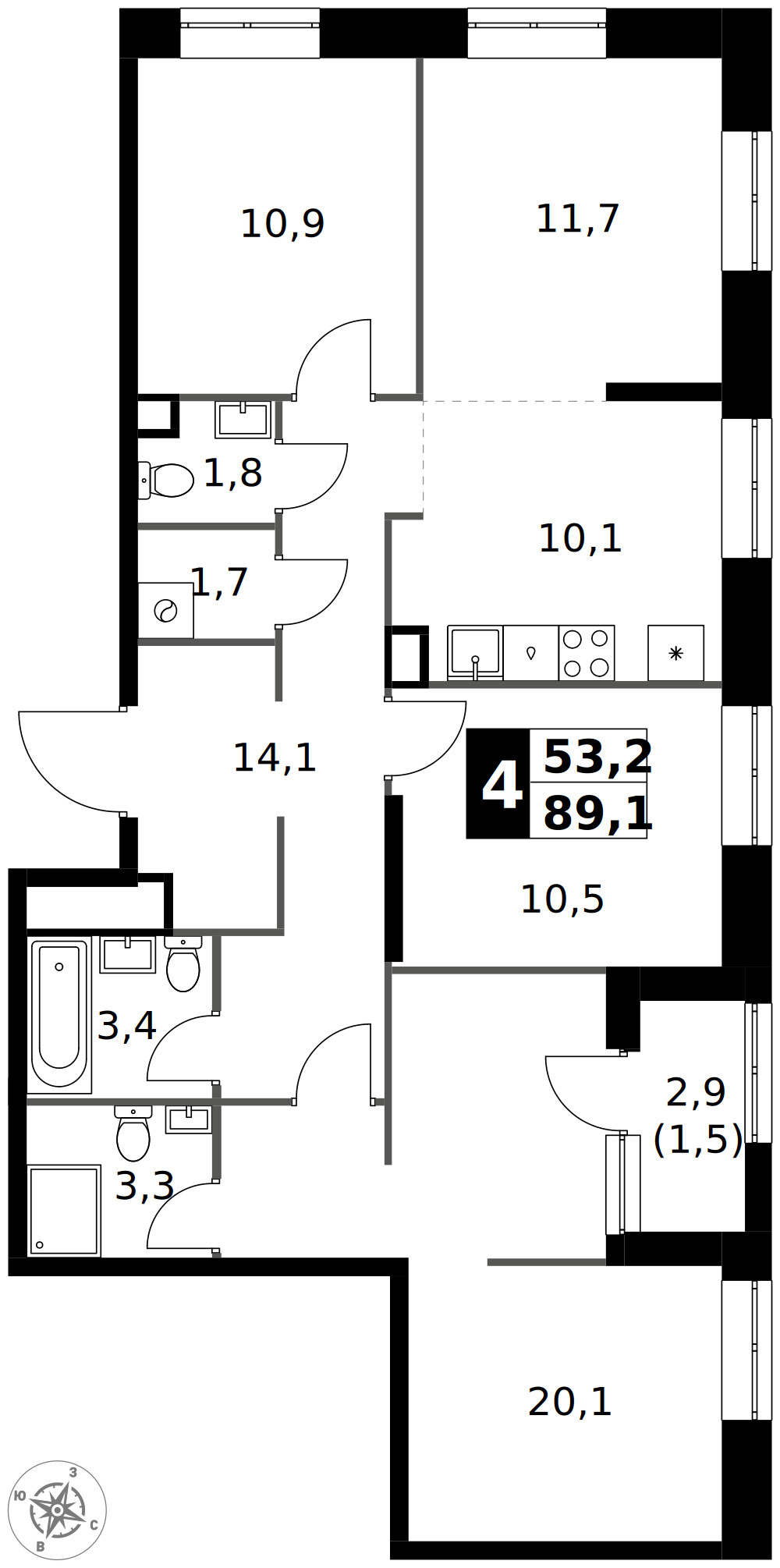 1-й Измайловский — 4-комнатная · 89,1 м²