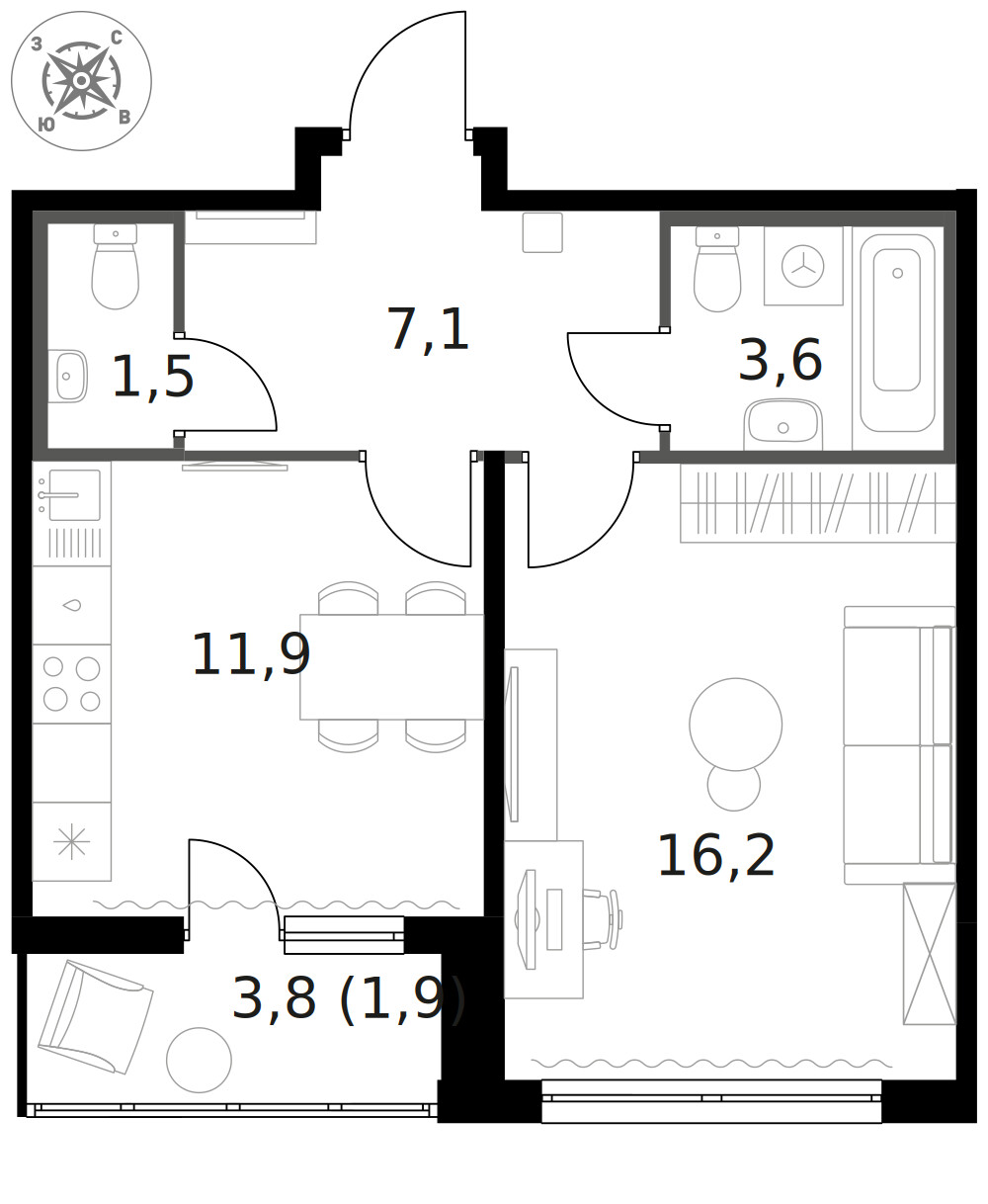 1-й Ленинградский — 1-комнатная · 42,2 м²