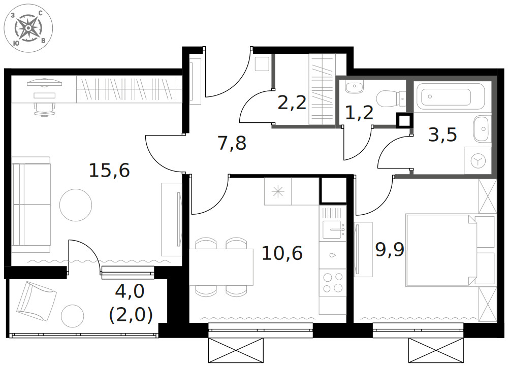 1-й Ленинградский — 2-комнатная · 53,2 м²