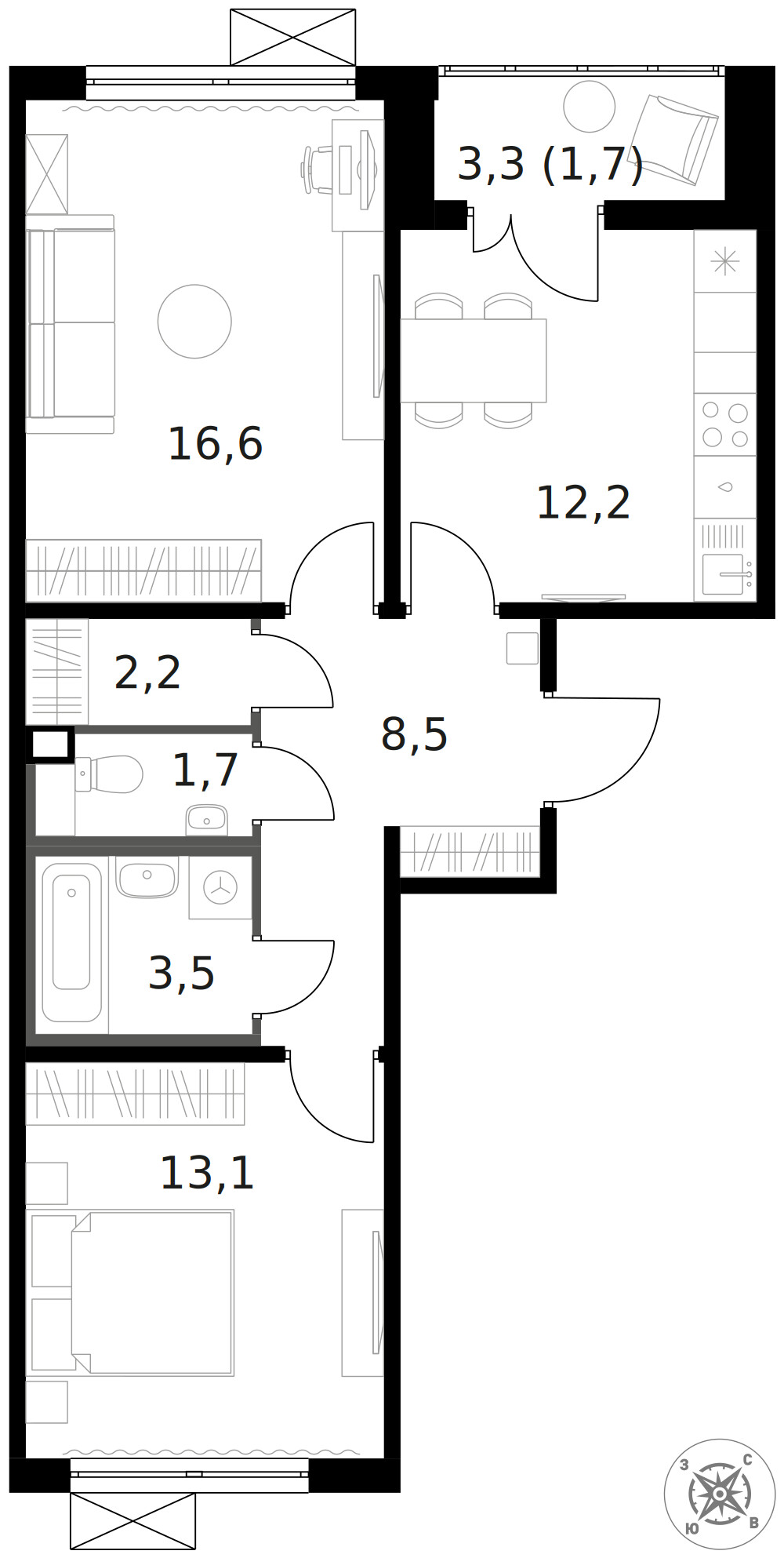 1-й Ленинградский — 2-комнатная · 59,4 м²