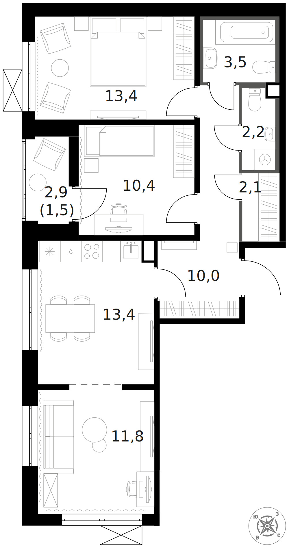 1-й Ленинградский — 3-комнатная · 68,4 м²