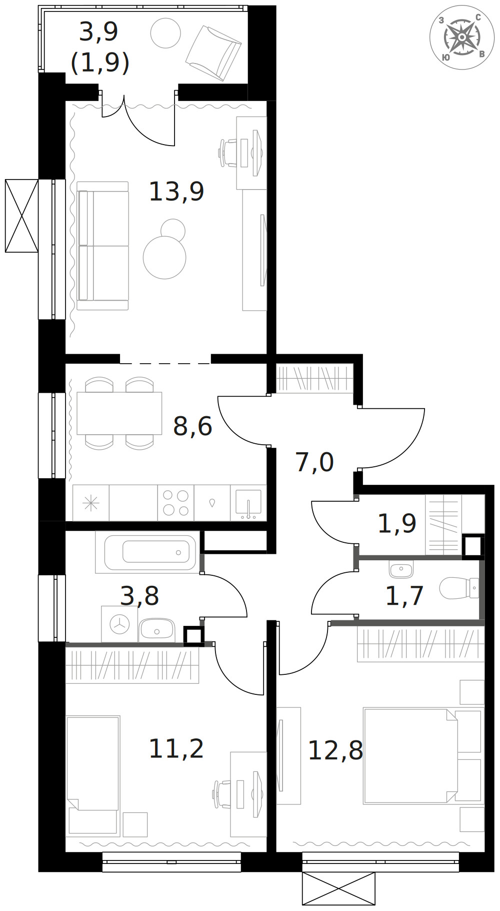 1-й Ленинградский — 3-комнатная · 63,2 м²