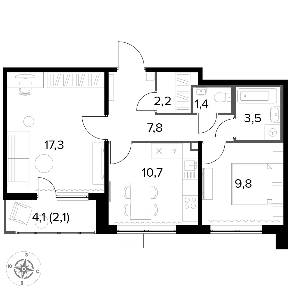 1-й Лермонтовский — 2-комнатная · 54,7 м²