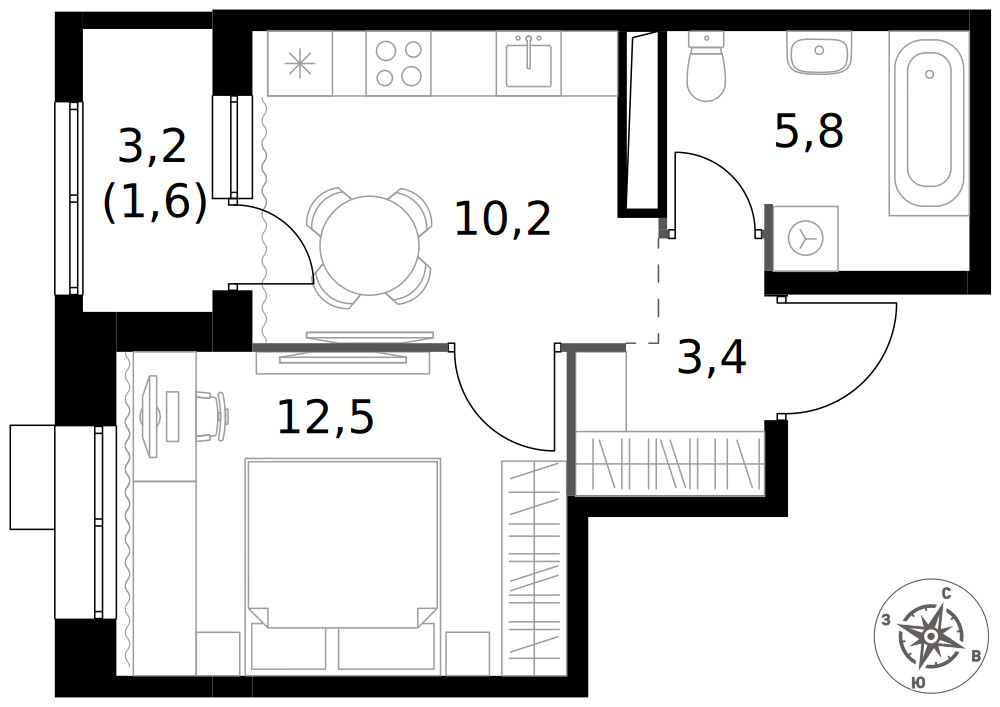 1-й Саларьевский — 1-комнатная · 33,5 м²