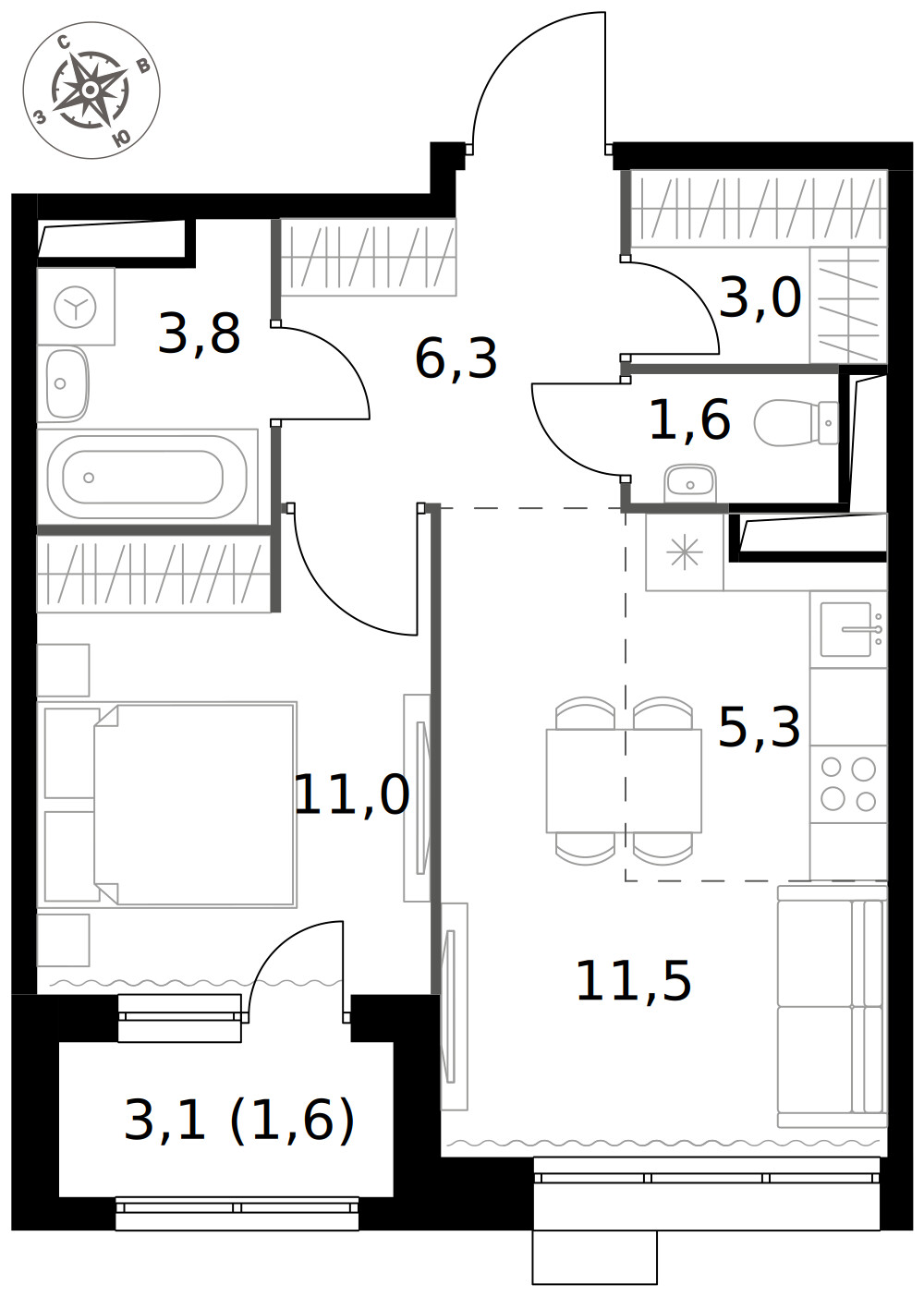 1-й Саларьевский — 2-комнатная · 44,1 м²