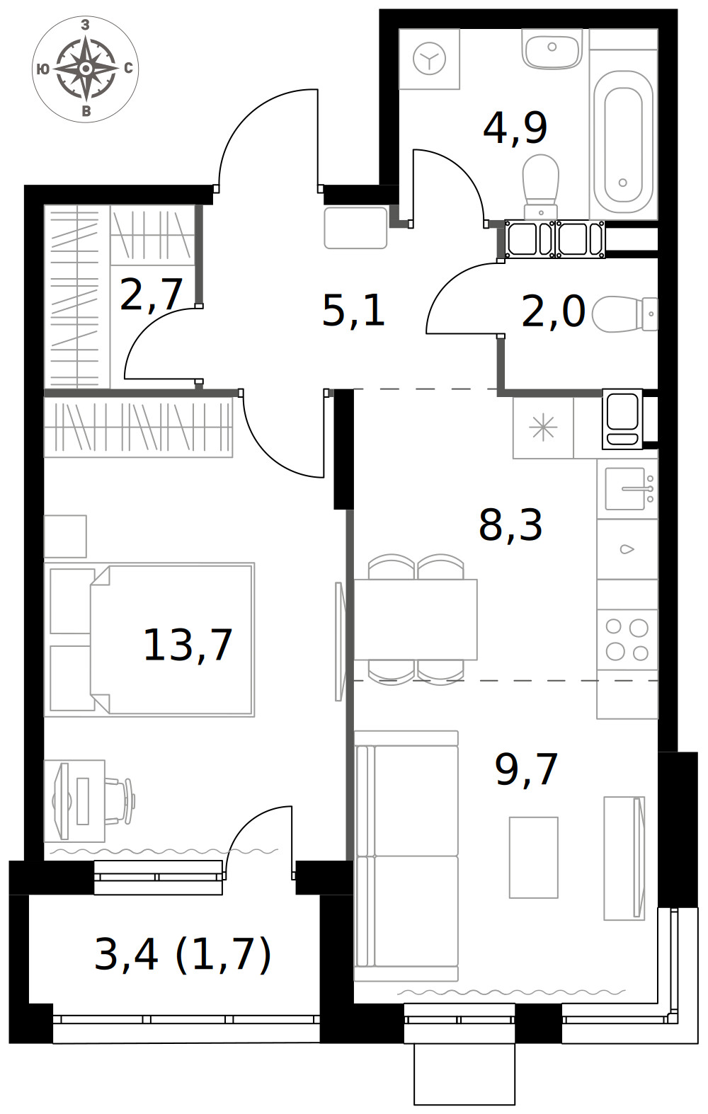 1-й Саларьевский — 2-комнатная · 48,1 м²