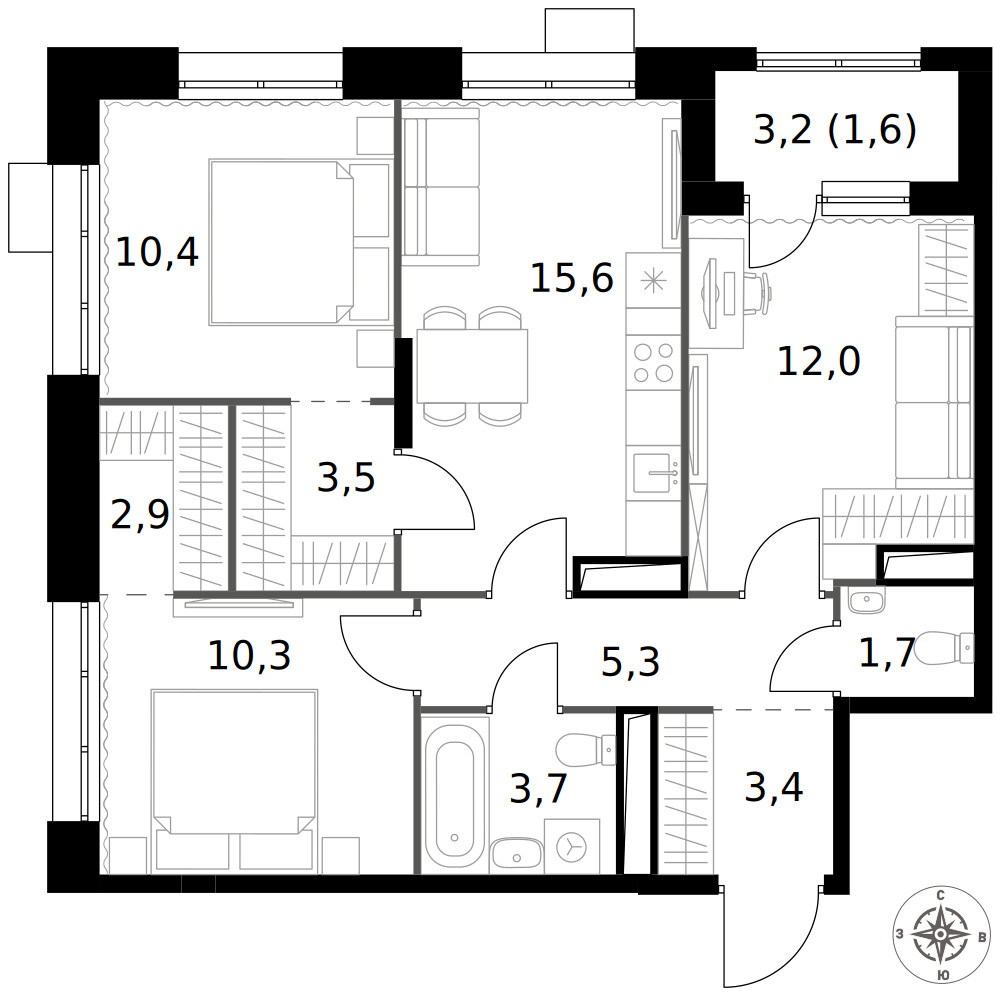 1-й Саларьевский — 3-комнатная · 70,4 м²