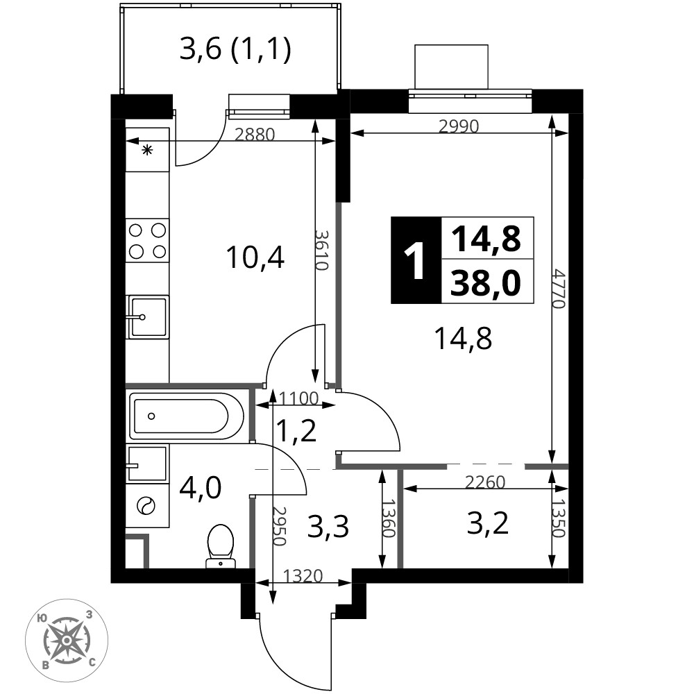 1-й Шереметьевский — 1-комнатная · 38,0 м²