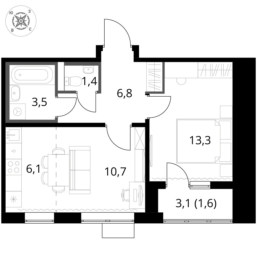 1-й Шереметьевский — 2-комнатная · 43,4 м²
