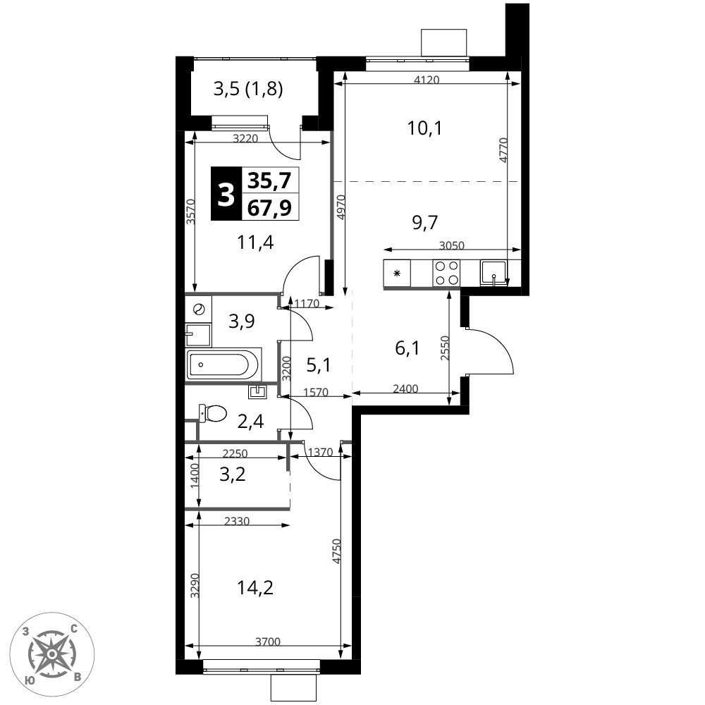 1-й Шереметьевский — 3-комнатная · 67,9 м²