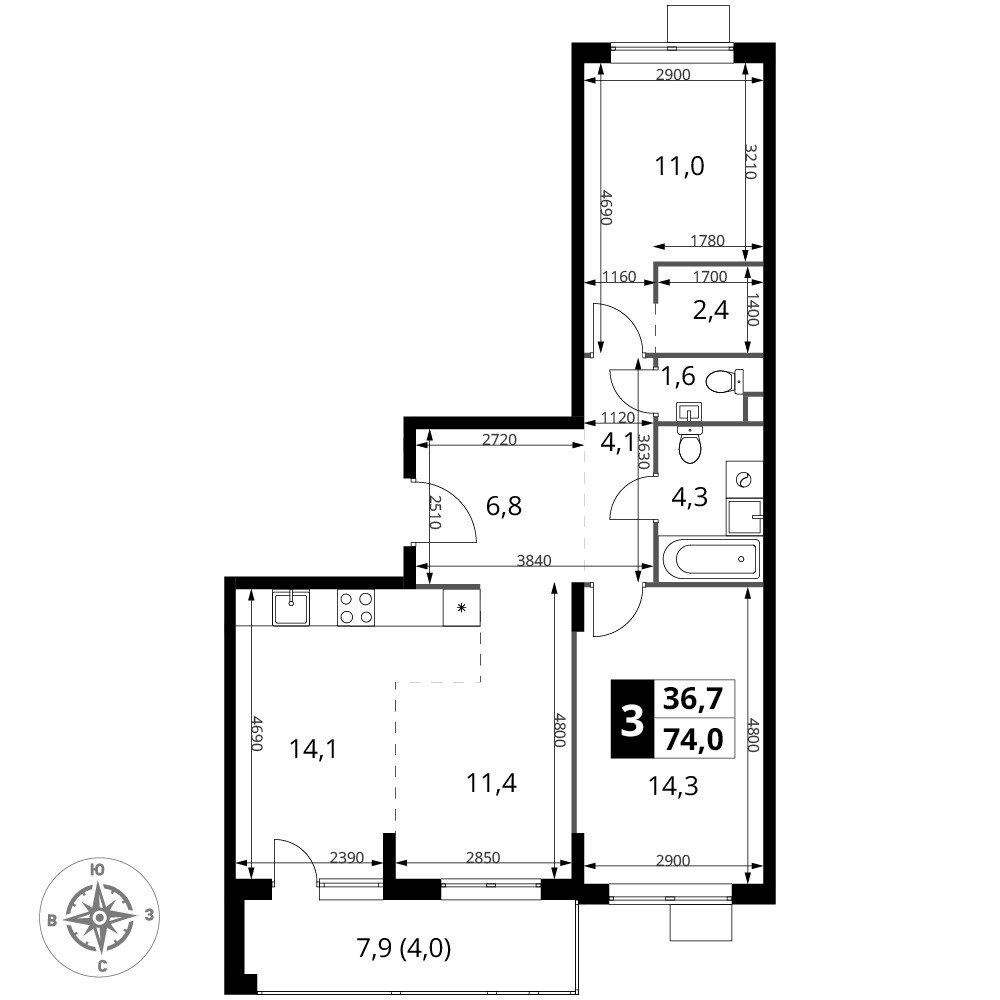 1-й Шереметьевский — 3-комнатная · 74,0 м²