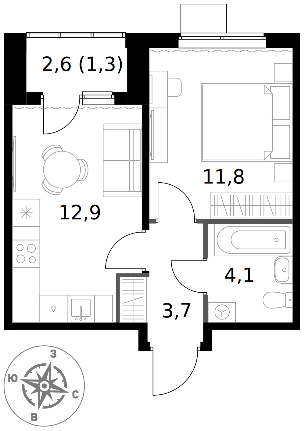 1-й Ясеневский — 1-комнатная · 33,8 м²