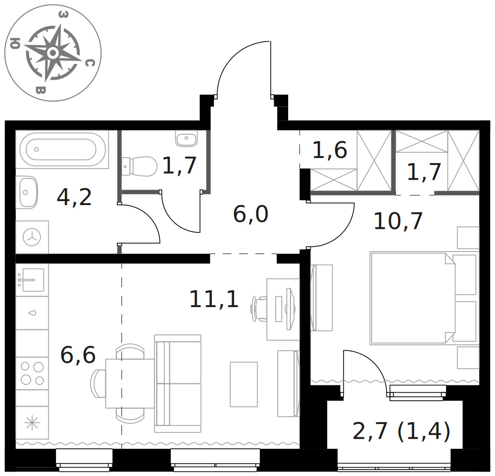 1-й Ясеневский — 2-комнатная · 45,0 м²