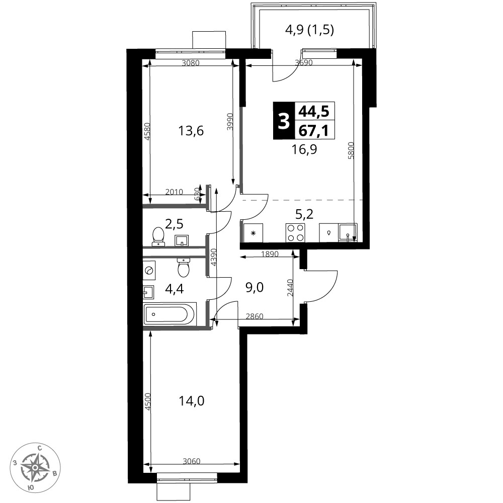 1-й Ясеневский — 3-комнатная · 67,1 м²