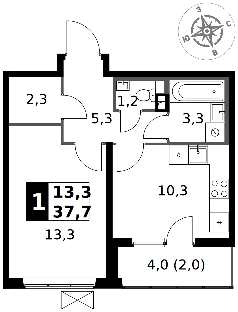 1-й Южный — 1-комнатная · 37,7 м²