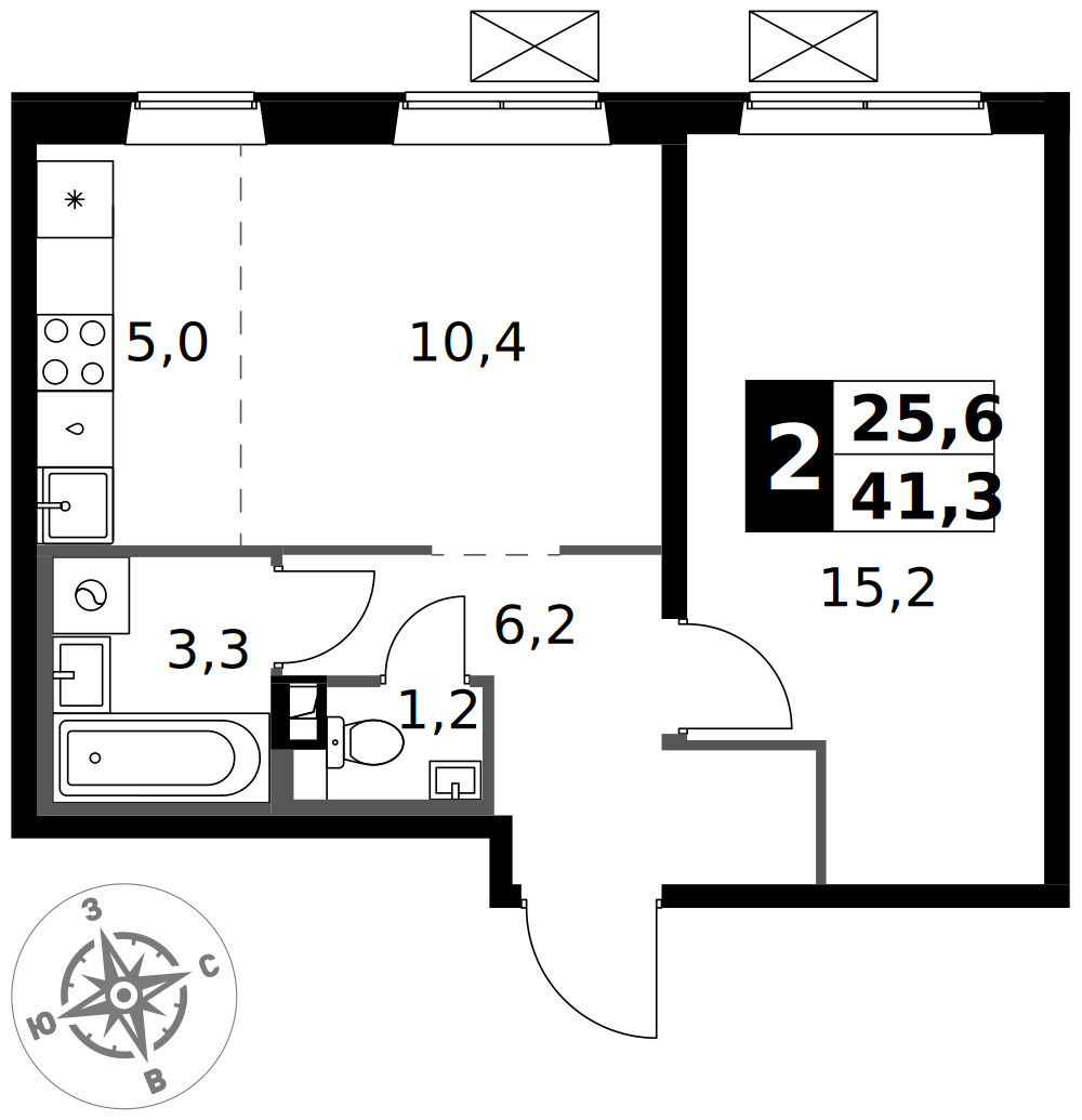 1-й Южный — 2-комнатная · 41,3 м²