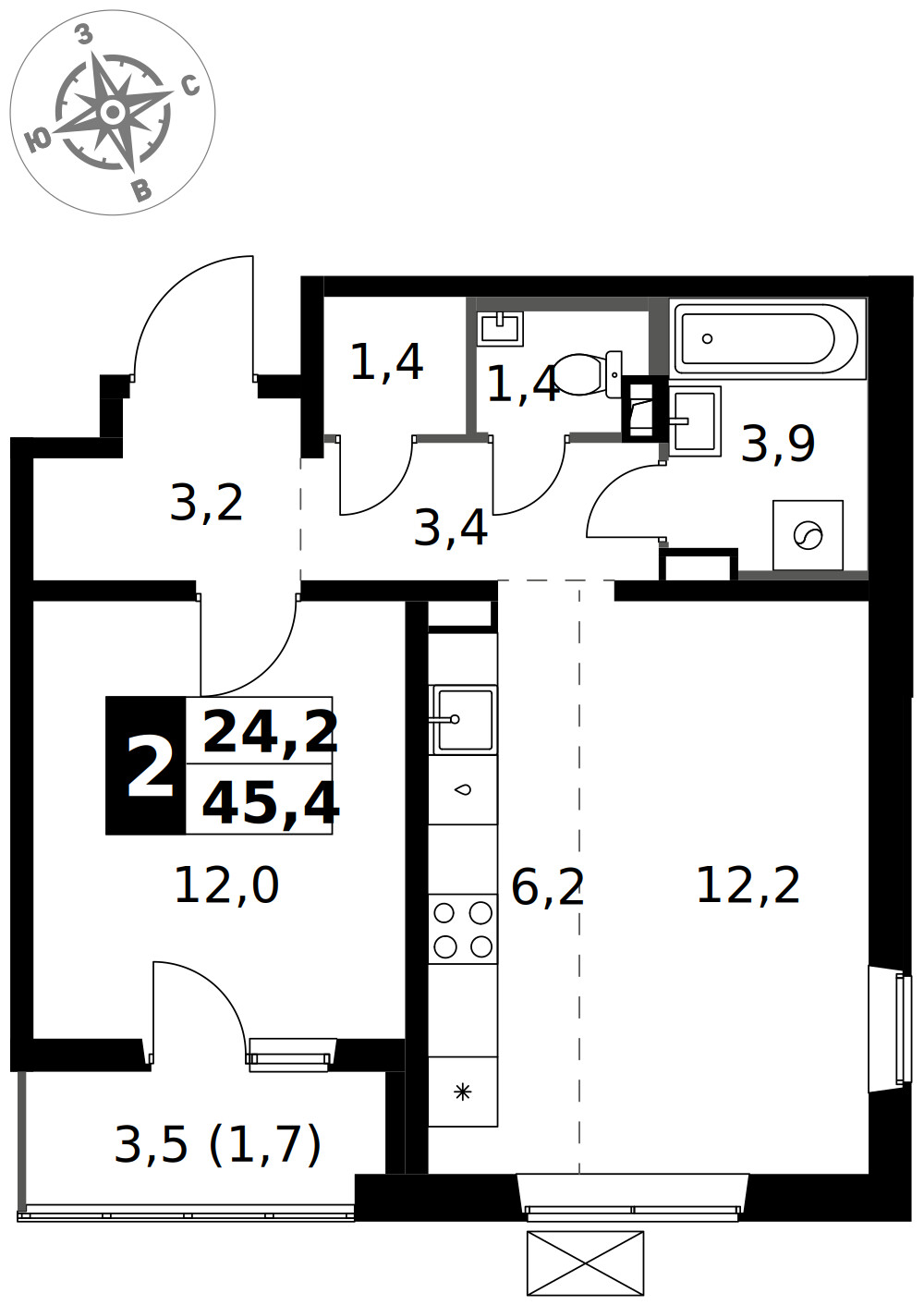1-й Южный — 2-комнатная · 45,4 м²