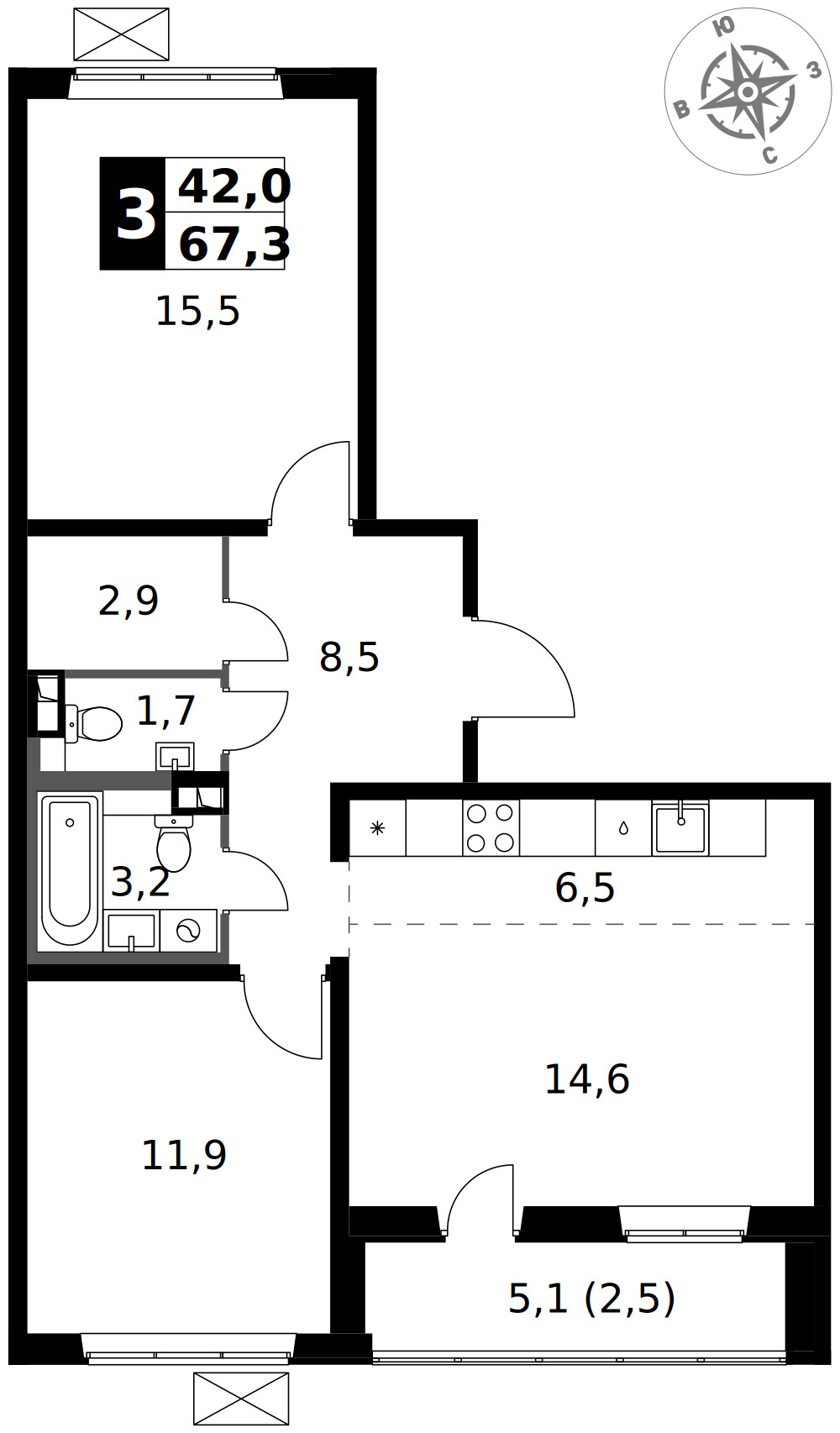 1-й Южный — 3-комнатная · 67,3 м²