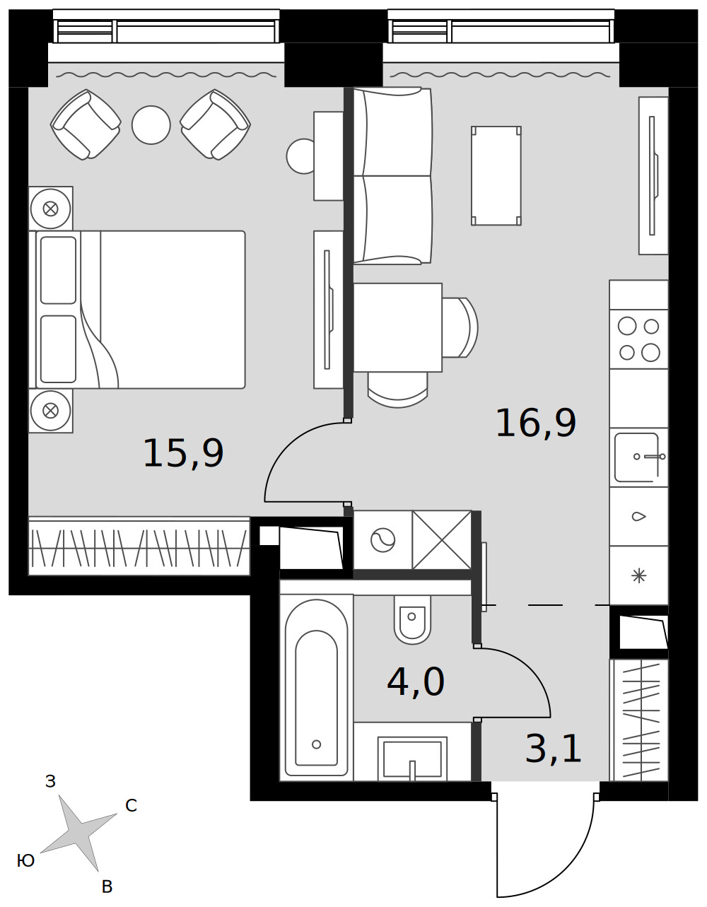 Amber City — 1-комнатная · 39,9 м²