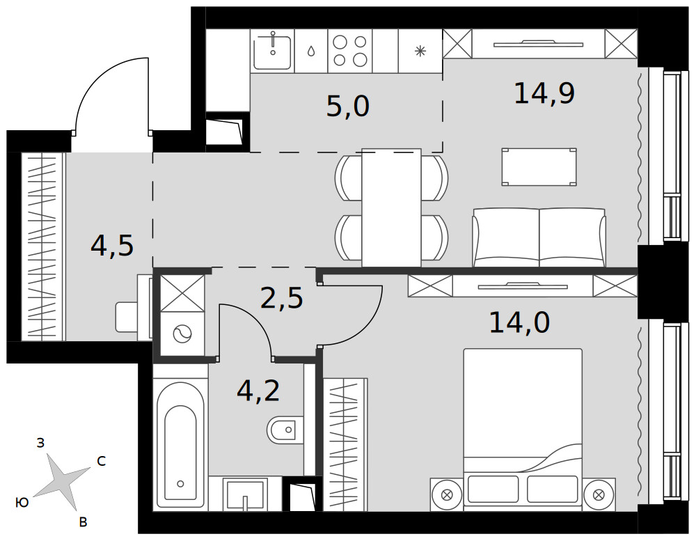 Amber City — 2-комнатная · 45,1 м²