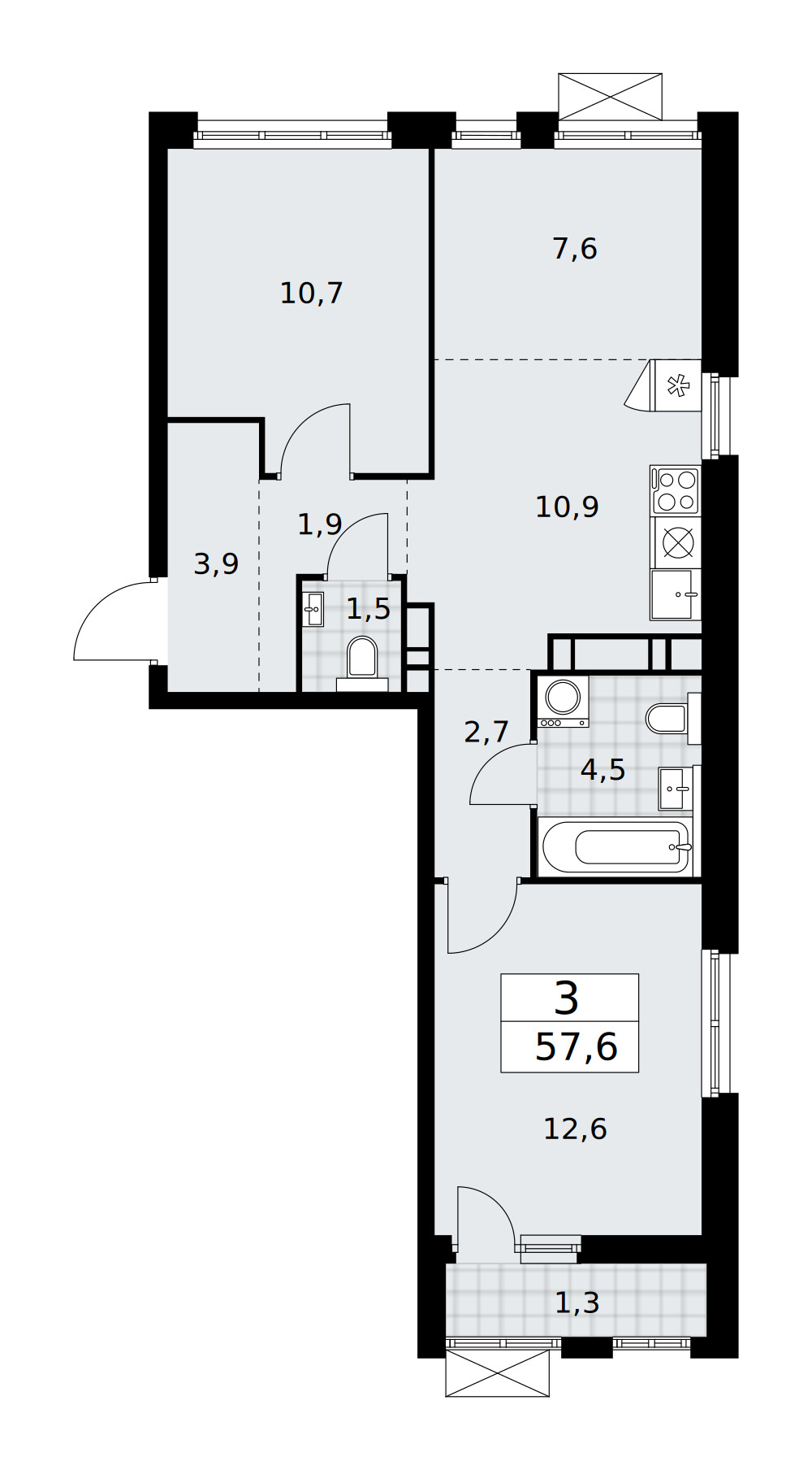 Бунинские кварталы — Евротрёшка · 57,6 м²