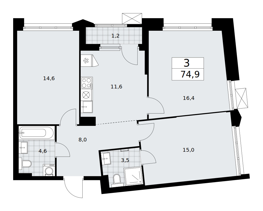 Десна-Речье — 3-комнатная · 74,9 м²