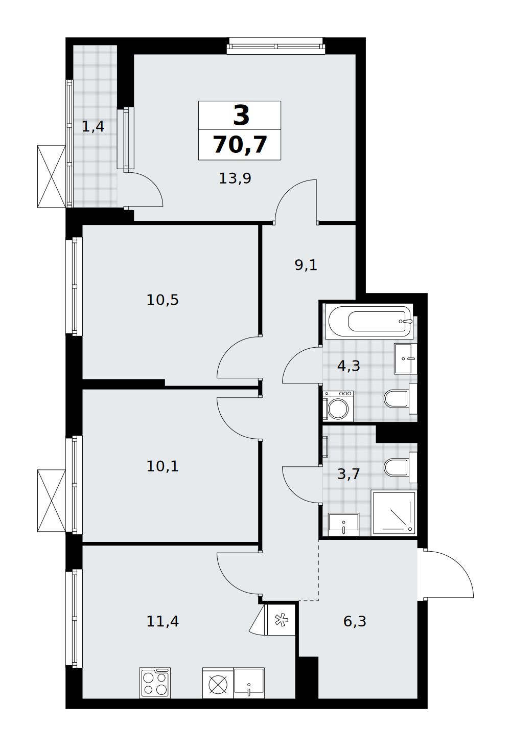 Дзен-кварталы — 3-комнатная · 70,4 м²