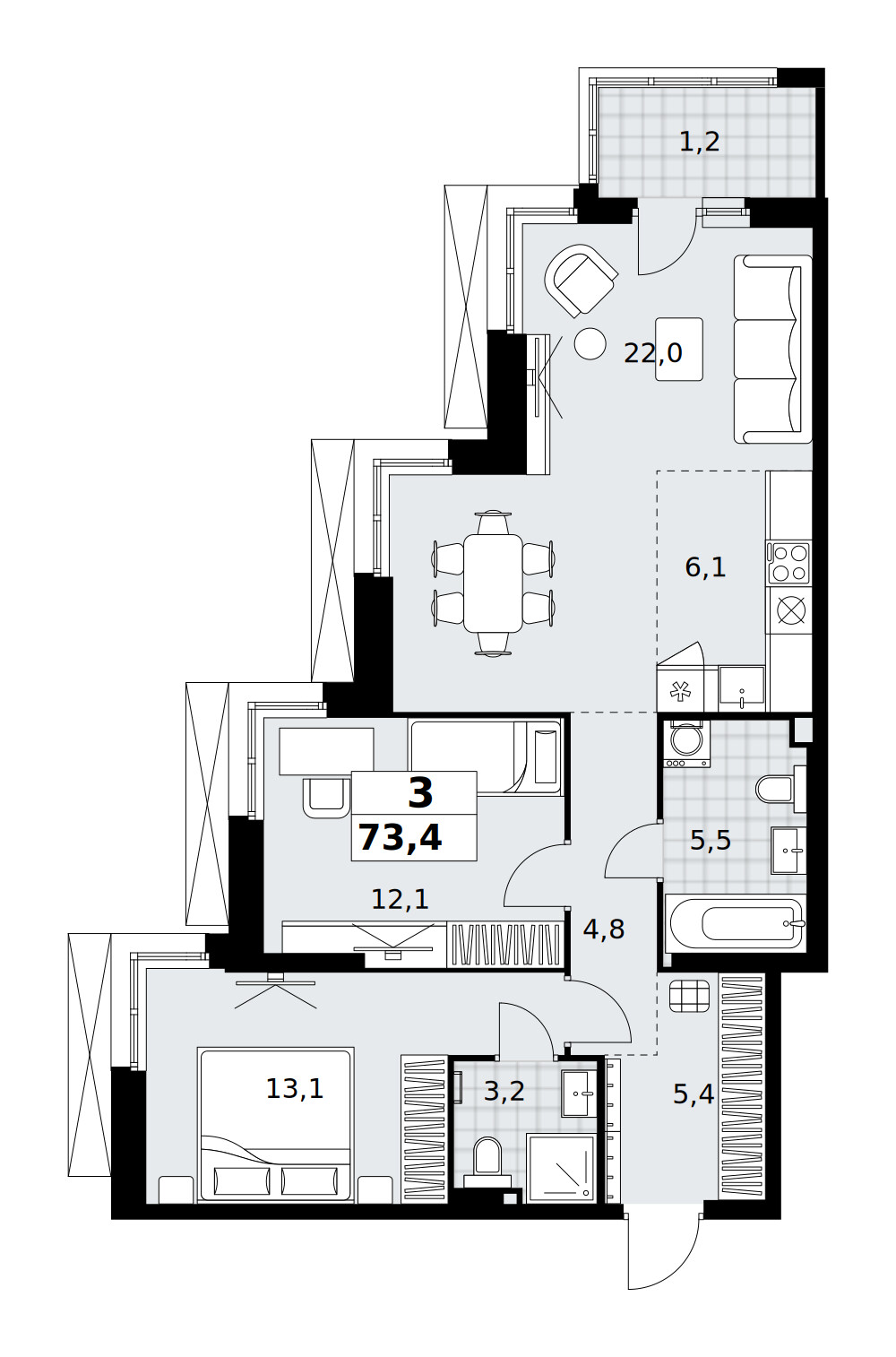 Дзен-кварталы — Евротрёшка · 73,4 м²