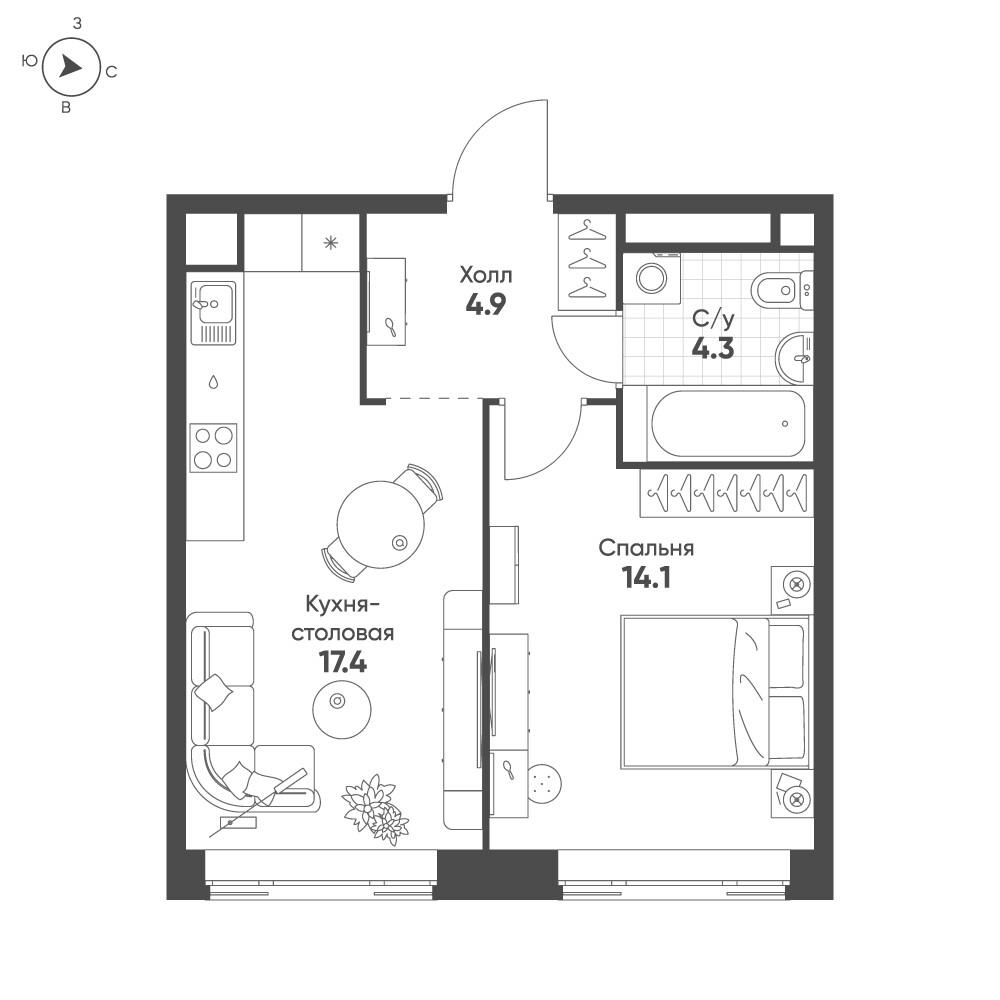 Мариин Парк — 1-комнатная · 40,7 м²