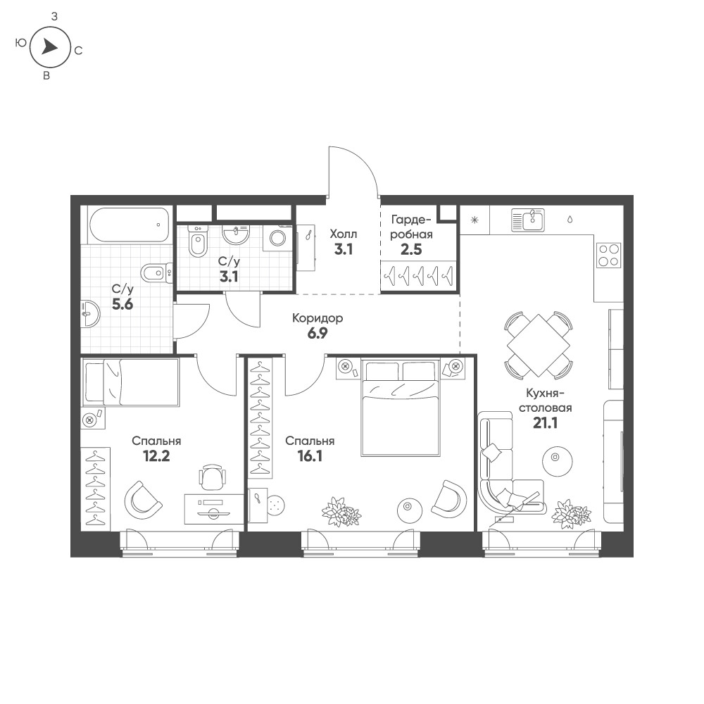 Мариин Парк — 2-комнатная · 70,6 м²