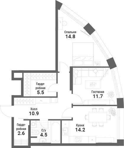 Nagatino i-Land — 2-комнатная · 64,2 м²