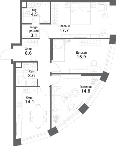 Nagatino i-Land — 3-комнатная · 82,3 м²
