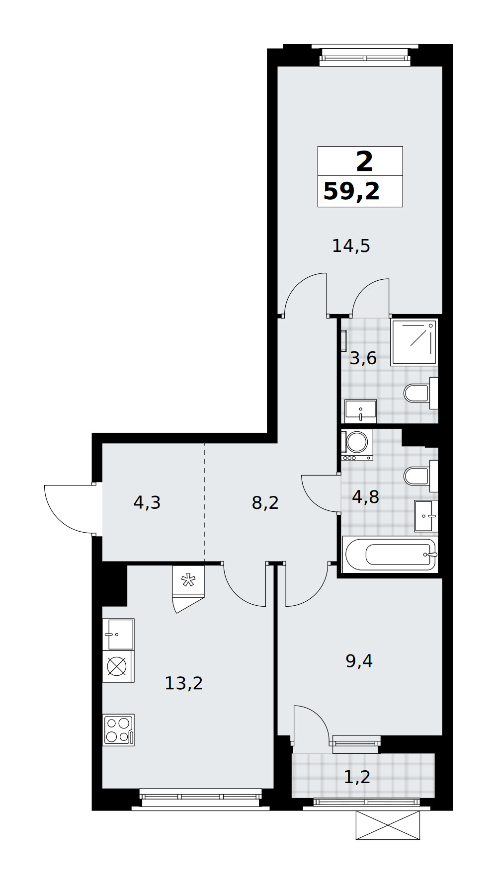 Прокшино — 2-комнатная · 59,2 м²