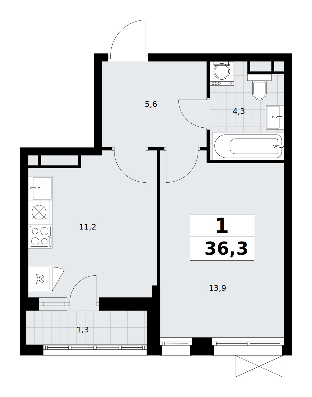 Родные кварталы — 1-комнатная · 36,3 м²