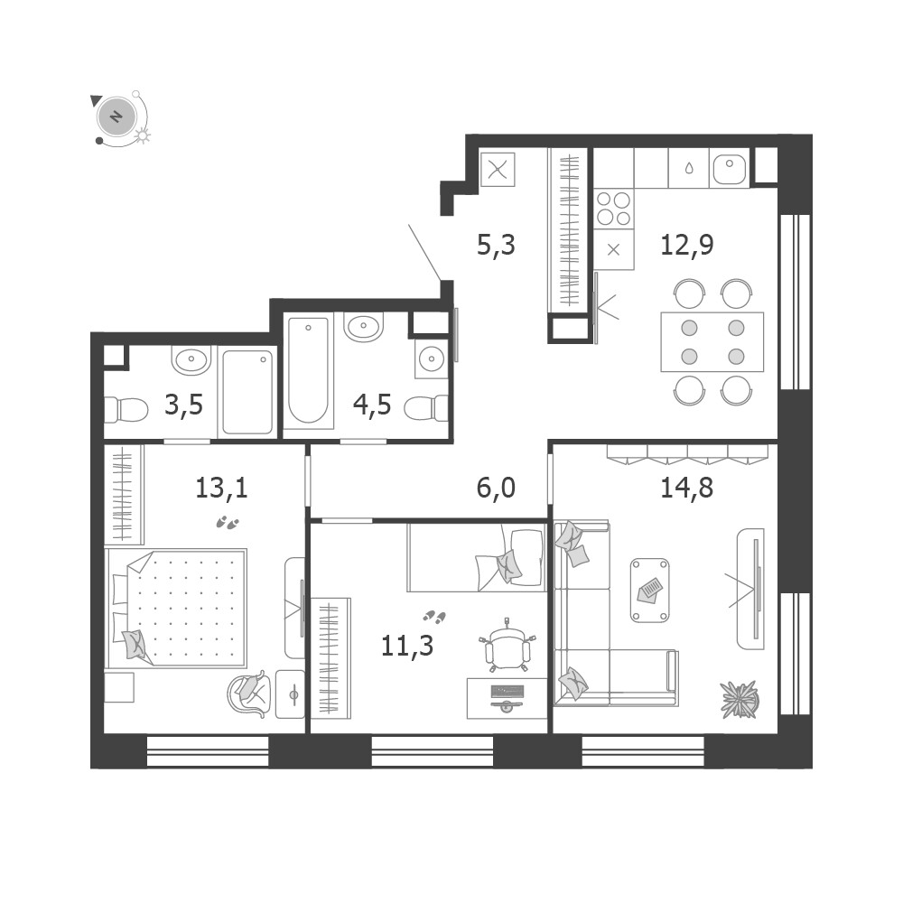 Shagal — 3-комнатная · 71,4 м²