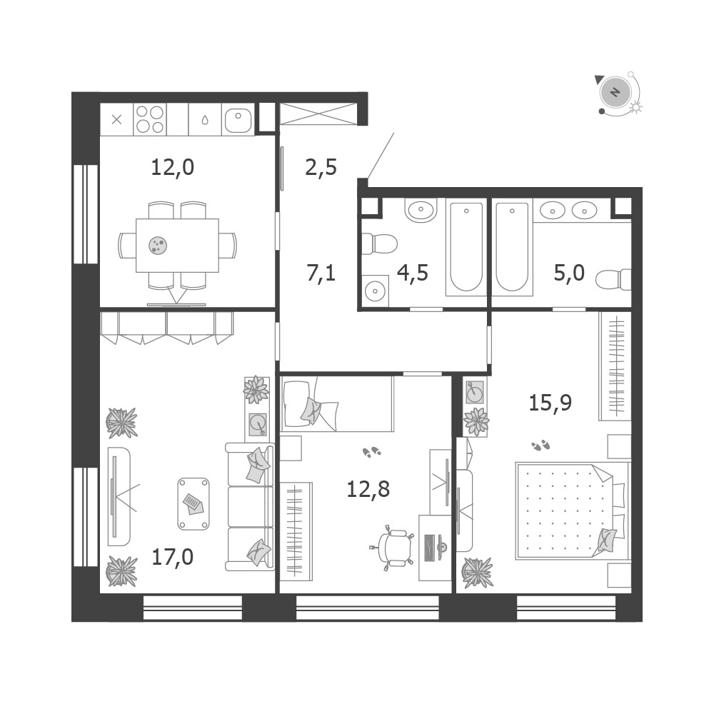 Shagal — 3-комнатная · 76,8 м²