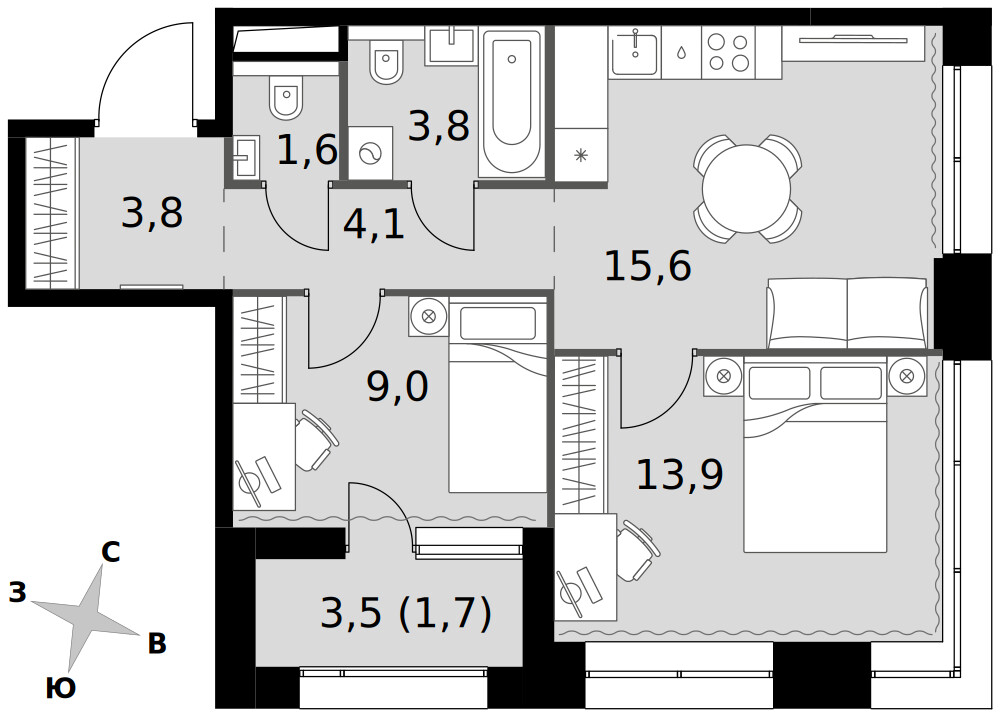 Sky Garden — 2-комнатная · 53,5 м²