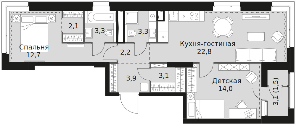 Sky Garden — 3-комнатная · 68,9 м²