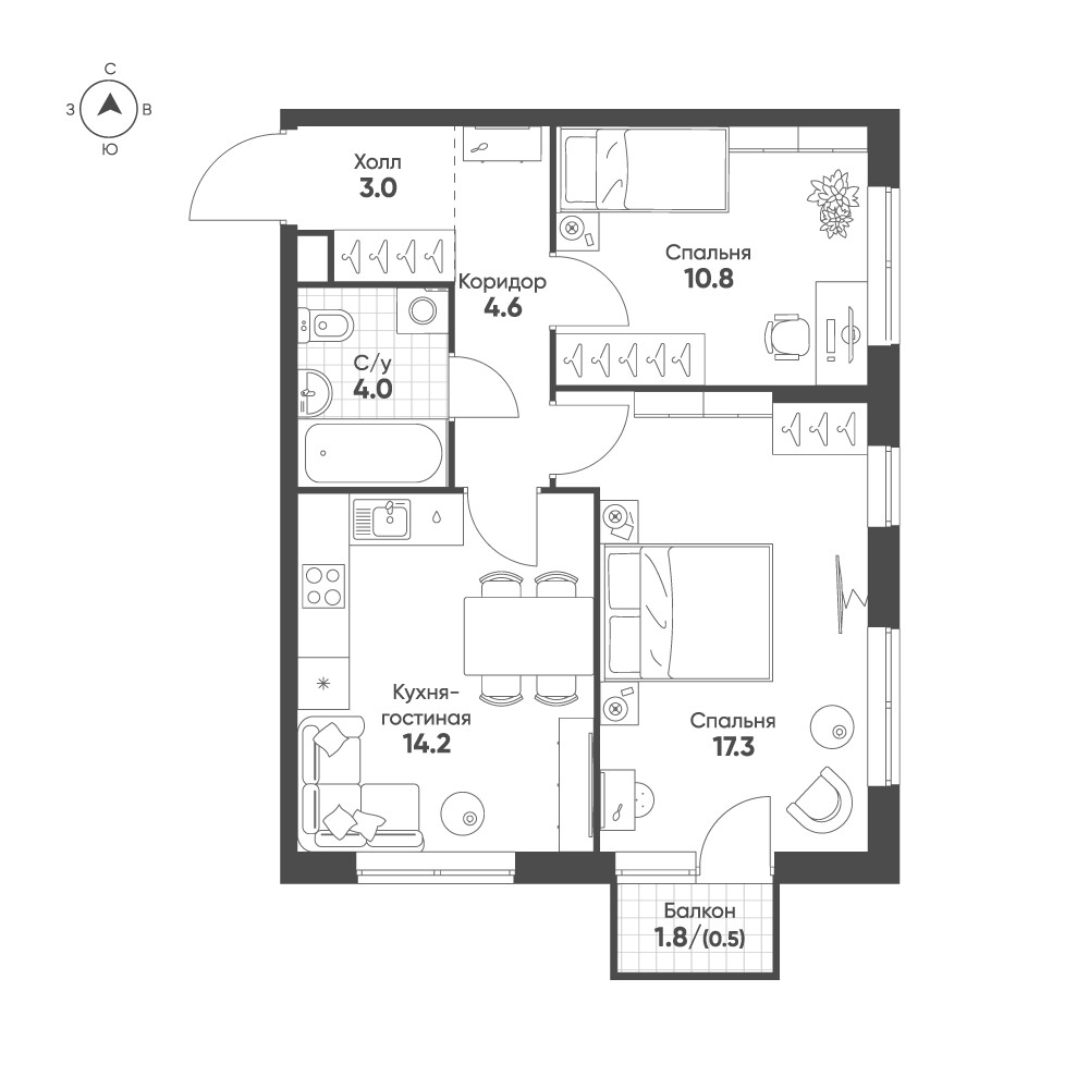 Соколин Парк — 2-комнатная · 54,4 м²