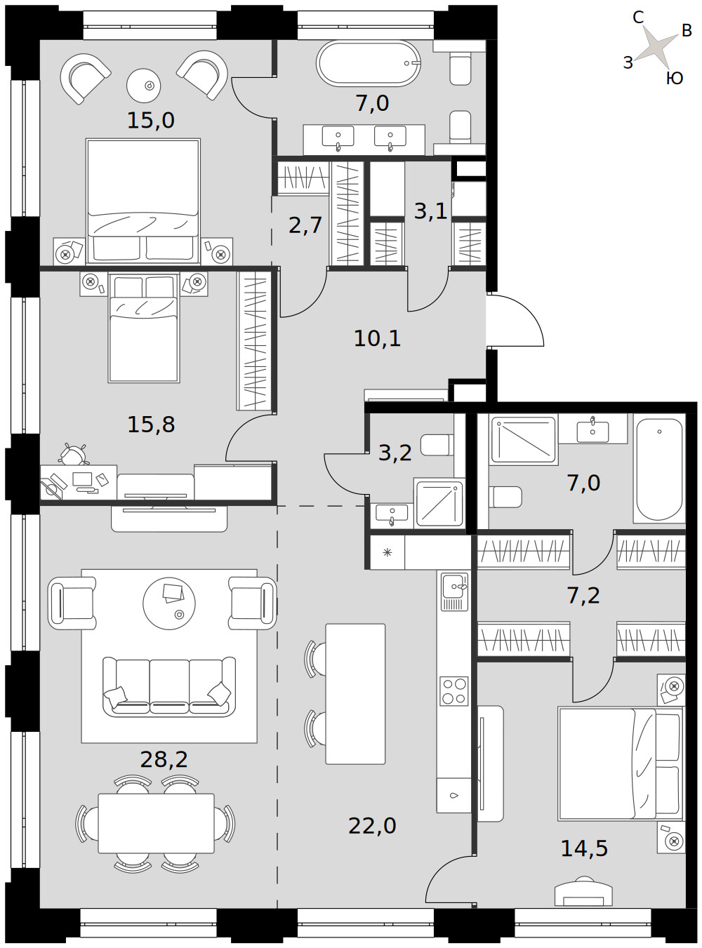 Сидней Прайм — 4-комнатная · 135,8 м²