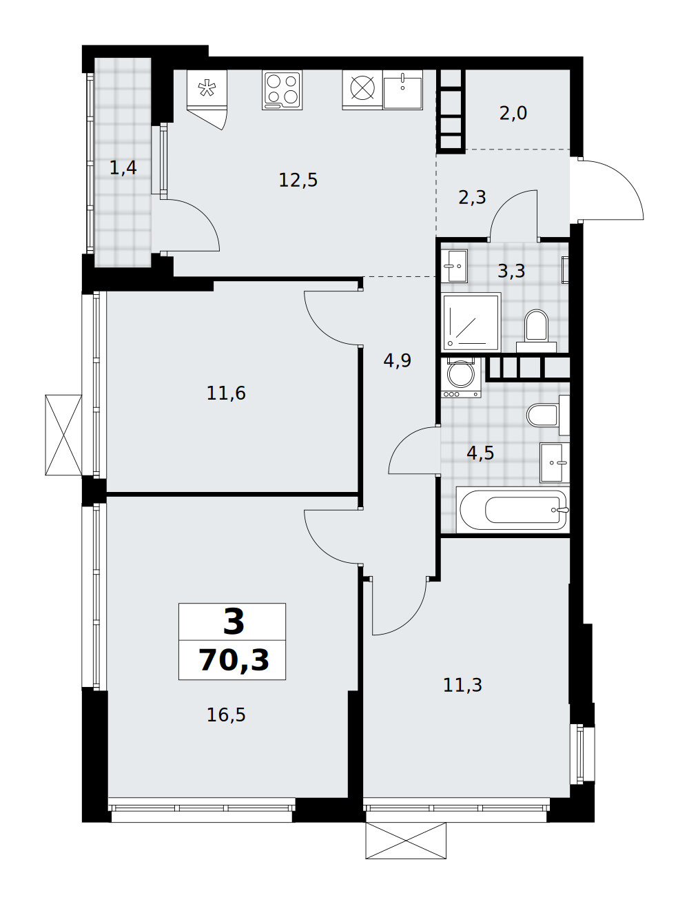 Южные сады — 3-комнатная · 70,3 м²