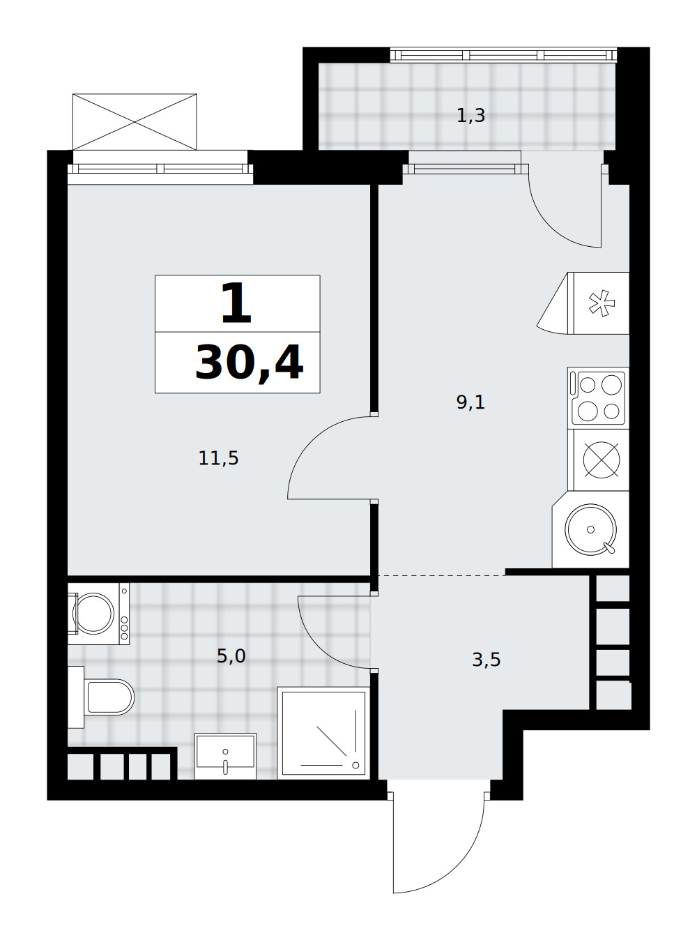 Южные сады — 1-комнатная · 30,4 м²