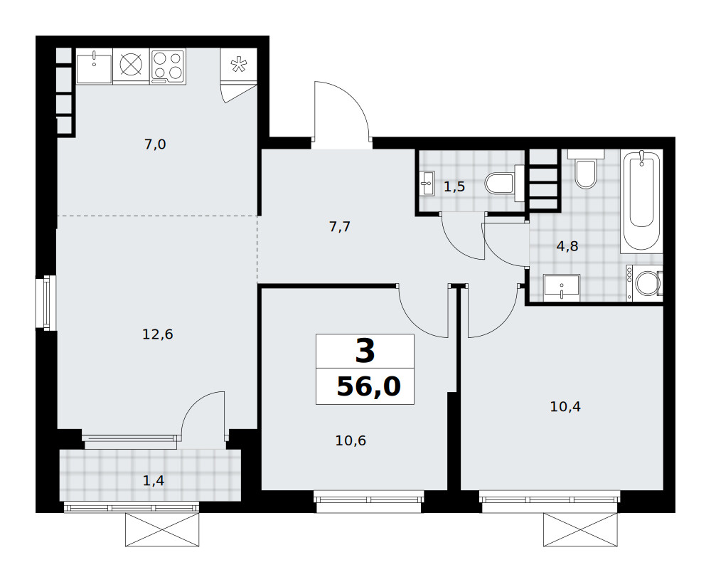 Южные сады — Евротрёшка · 56,0 м²