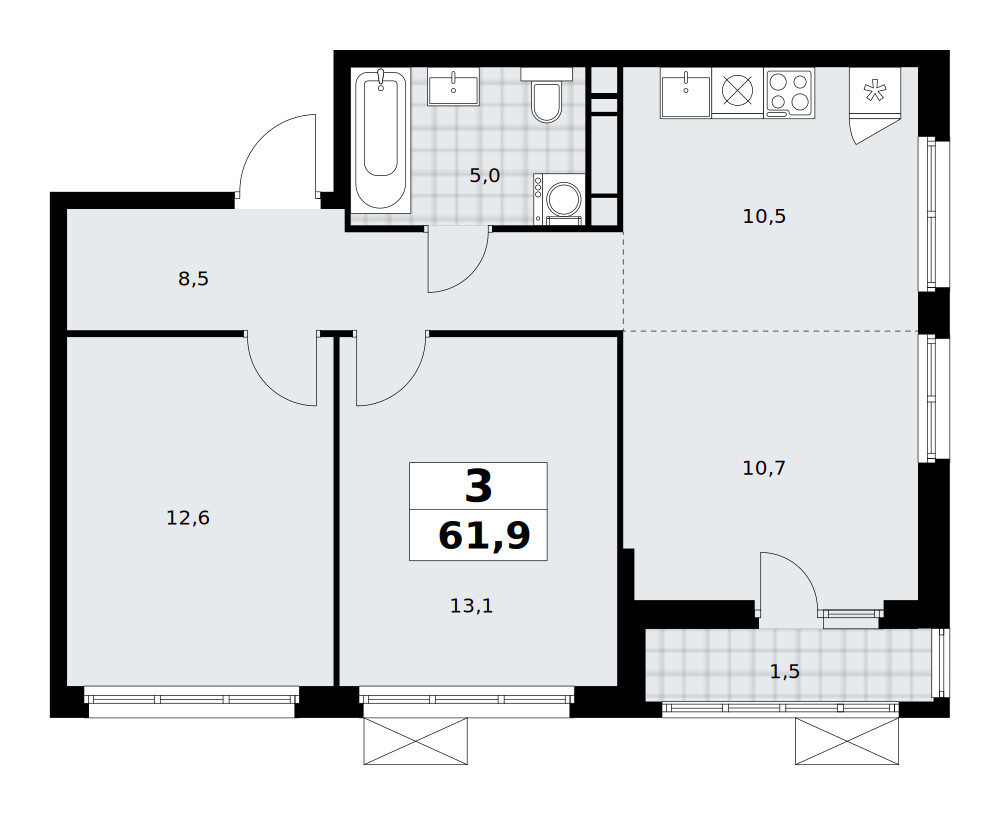 Южные сады — Евротрёшка · 61,9 м²